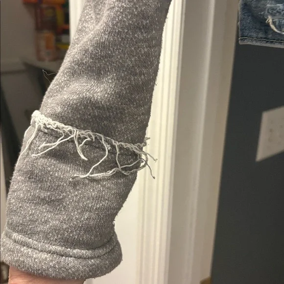 Free People Distressed Jean Jacket w/ sweatshirt sleeves and hoodie- Large EUC - Picture 7 of 12
